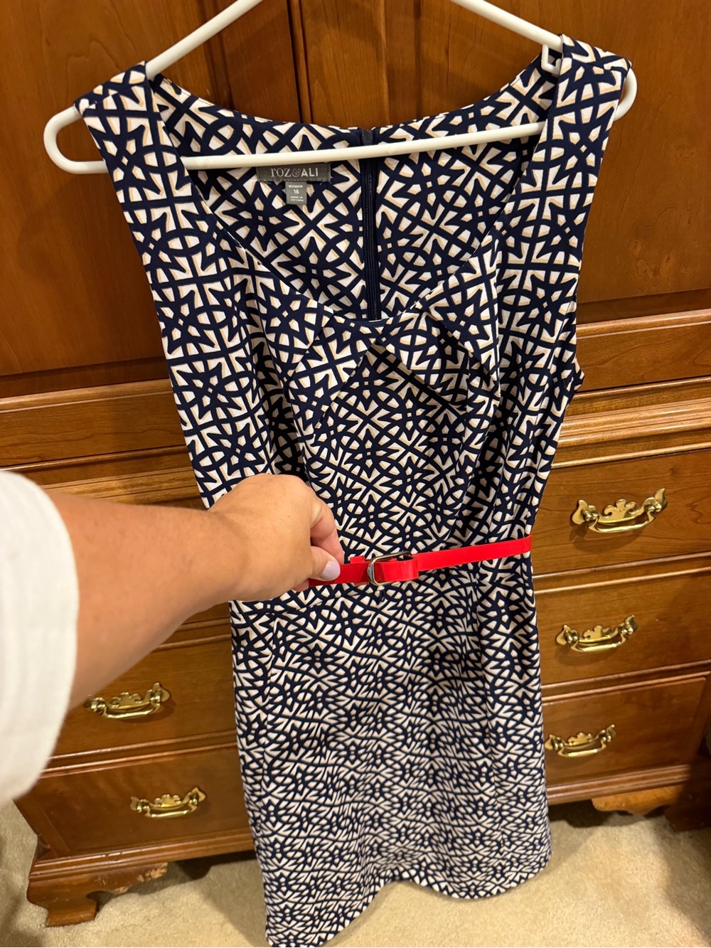 Roz & Ali Navy and White Geometric Dress with Red Belt